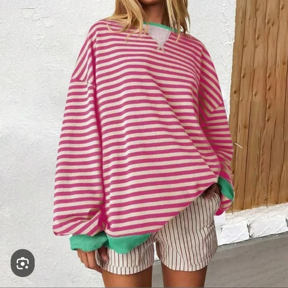 Pink White Stripe Green Trim Sweatshirt Size Large Oversized - Picture 2 of 5